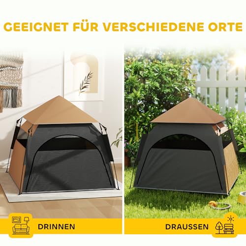 PawHut Haustierzelt, Outdoor Hundezelt, Katzenzelt mit Meshfenster, Tragetasche, Sonnendach, Tragbar Hundehütte für extra große und große Hunde, für Drinnen und Draußen, 120x120x106cm, Dunkelbraun