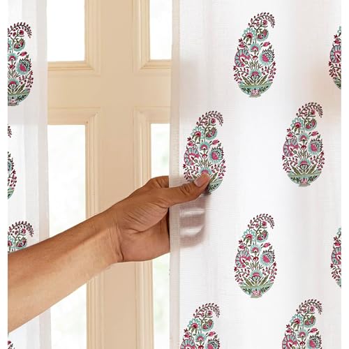 Image of LINENWALAS Printed Decorative Cotton Sheer Curtains 5 Feet Long Set of 2 Panel, Grommet Hanging, Paisley Bloom Curtains for Children Room, Living Room, Home Decor (L-8 x W-4.5 Feet)