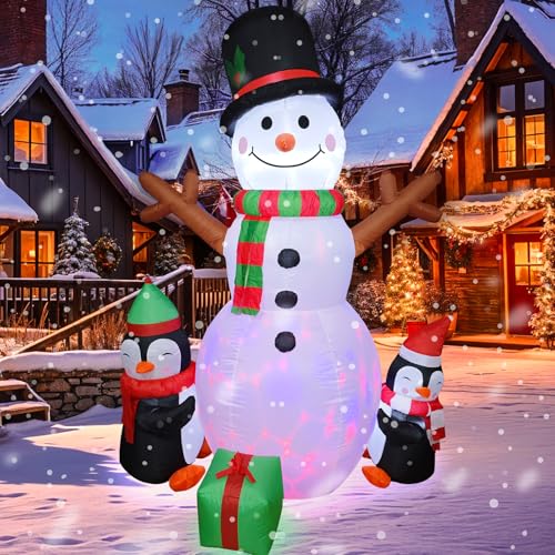 GUDELAK 183 cm Aufblasbare Weihnachtsdeko Aussen, Schneemann Aufblasbar mit Pinguin, Integrierte Rotierende Bunte LED-Lichter, Weihnachtsdeko Aufblasbar für Garten Rasen Winterdeko Innen Party Deko