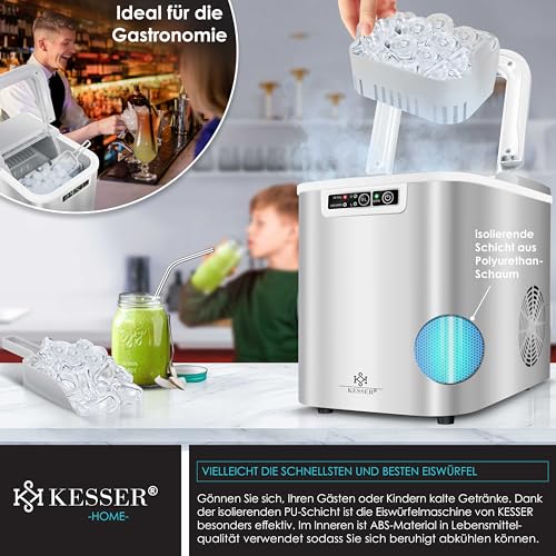 Kesser - Máquina para hacer cubitos de hielo, acero inoxidable, 12 kg/24 h, preparación en 7 minutos, 2,2 litros, 2 tamaños de cubitos, pantalla LED, función de autolimpieza, color plateado miniatura 4