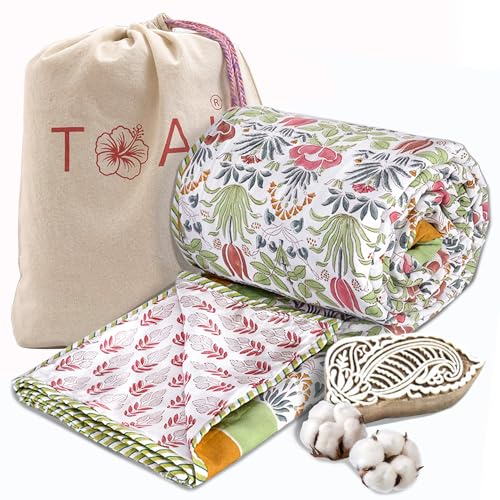 Image of TOAIArt Premium Jaipuri Dohar | AC Blanket Summer Quilt | Hand Block Printed | 3 Layers | Reversible | 150GSM 100% Mulmul Cotton | 100% Cotton Flannel Filling | King 108 inch X 90 inch | Spring Floral
