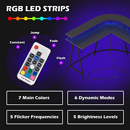 Superjare L Shaped Gaming Desk With Power Outlets & Led Lights, Carbon Fiber Surface, Computer Desk With Monitor Stand, Home Office Desk Corner Desk With Cup Holder & Hooks, Black #TOP4