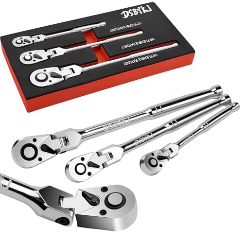 DSBYKJ 3-Piece Elbow Ratchet Set in Different Sizes, 1/2, 3/8, 1/4 Inch Drive Ratchet Set, 72-Tooth Quick-Release Flexible Swivel Head Ratchet Wrench Set