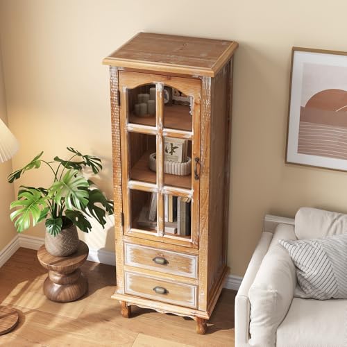 Image of Tall Storage Cabinet with Glass Door & 2 Drawers - Vintage Wood Display Cabinet, Single Door Cabinet with Shelves, Wood Storage Cabinet for Living Room (Solid Wood Frame + MDF)