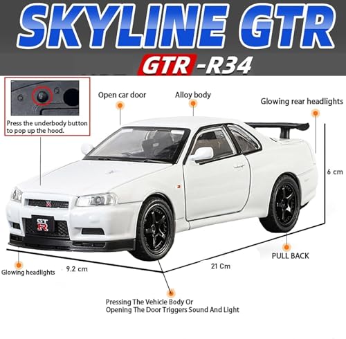 Image of 1:24 Nissan Skyline GT-R R34 Diecast Model Car, Pull Back Toy with Sound & Light, Collectible for Kids & Adults (White)