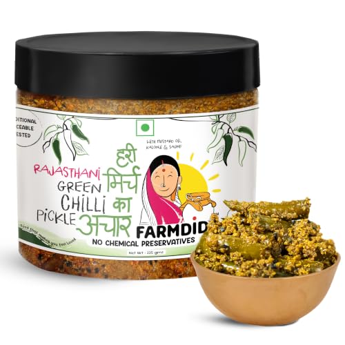 Image of FarmDidi Rajasthani Green Chilli Pickle 325g in Fresh Marwadi Hari Mirch ka Achar Spicy Homemade Achaar with Mustard Oil Theeka Ghar Ka Pickle No Garlic No Chemical Preservatives
