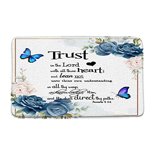 Inspirational Quote Bath Mat Trust In The Lord With All Thine Heart Motivational Words Blue Pink Rose Flower Butterfly Bathroom Bedroom Kitchen Toilet Floor Decor Rug, Microfiber Memory Foam #TOP26