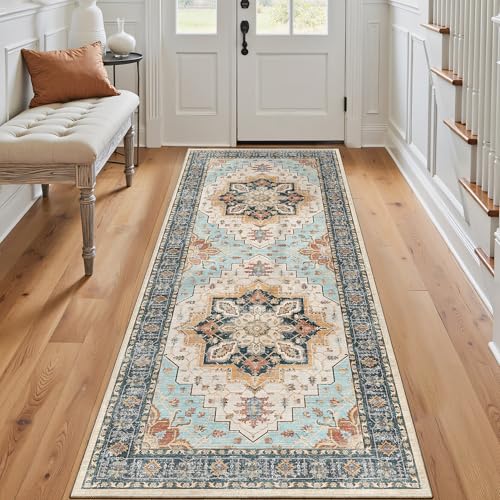 Madane Washable Runner Rug - 2x6 Rug Runners for Hallways 6 Foot Non Slip Vintage Kitchen Runner Rug Ultra-Thin Bathroom Runner Rugs Carpet Laundry Room Bedroom (2x6ft, Orange/Blue)