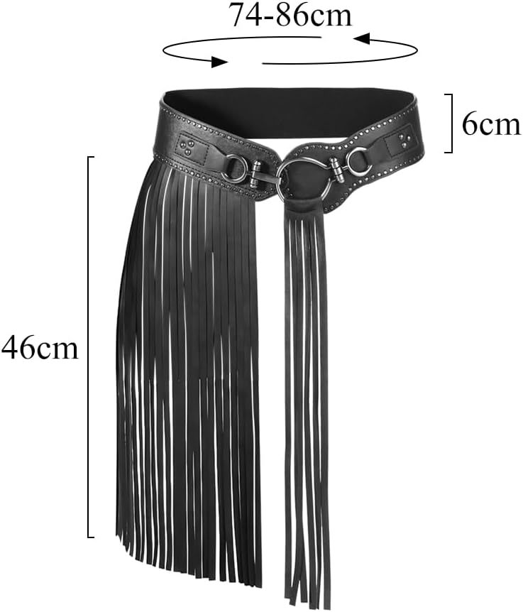 Women Leather Tassel Fringe Belt Gothic Tassel Waist Belt Western Punk Skirt Belts Body Cage Harness Cinch Belt, Black - Image 7