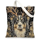 Einkaufstasche aus Segeltuch mit australischem Schäferhund, 33 x 38 cm, schwarz, wiederverwendbar, für Damen, Neujahr, ästhetische Malerei, Geschenk, Dekoration