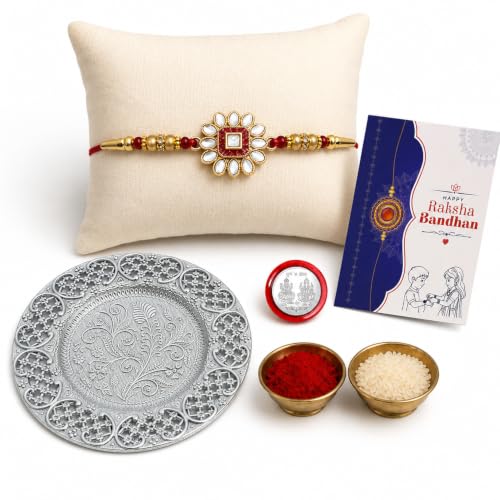 Image of Oblivion Rakhi Set for Brother - Designer Meenakari Rakhi for Brother with Silver Colour Pooja Thali, Pooja Coin, Roli Chawal & Card | Gift Hamper for Raksha Bandhan