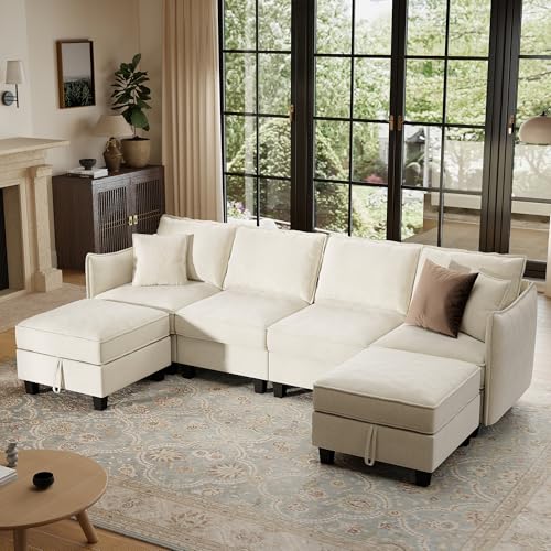 Image of Ihanherry 112 inch Modular U-Shaped Sectional Sofa, Modern 6-Seat Cloud Couch with 2 Storage Ottomans, Comfy Chenille Convertible Furniture Set for Living Room, Apartment, Easy Assembly, Beige