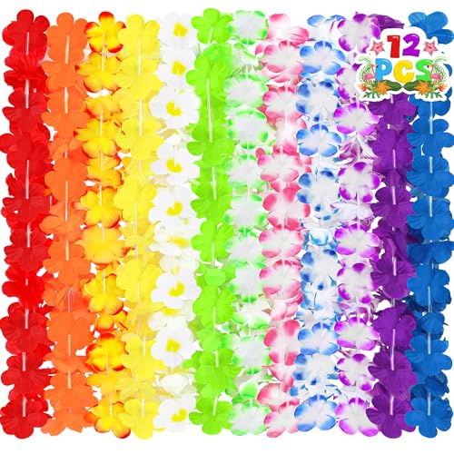 Luau Party Decorations 12PCS Leis for Luau Party Necklace Women Clothing Accessories Hawaiian Colorful Tropical Theme Costume Accessories Hawaii Flower Lays Garland Summer Pool Birthday Supplies