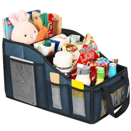YOHOOLYO Auto Organizer Kinder Rücksitz mit 4 Fächern und 4 Getränkehalter zusammenklappbar Rückbank Beifahrersitz für Snacks Spielzeug Bücher Blau