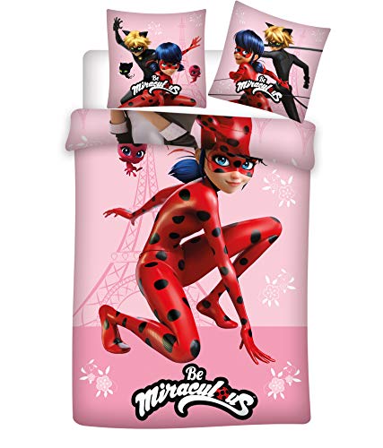 AYMAX S.P.R.L. Ladybug Miraculous - Juego de cama infantil (algodón, funda nórdica de 140 x 200 cm y funda de almohada de 65 x 65 cm)