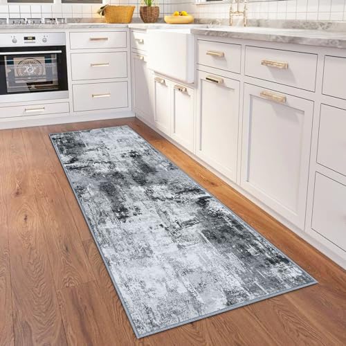 KOZYFLY Modern Abstract Runner Rug 2x6 Washable Grey/Black/Black Runners for Hallways Kitchen Runner Rug Non Slip Carpet Rug Runner Laundry Mat with Soft Low Pile for Entryway Bathroom Bedroom Kitchen