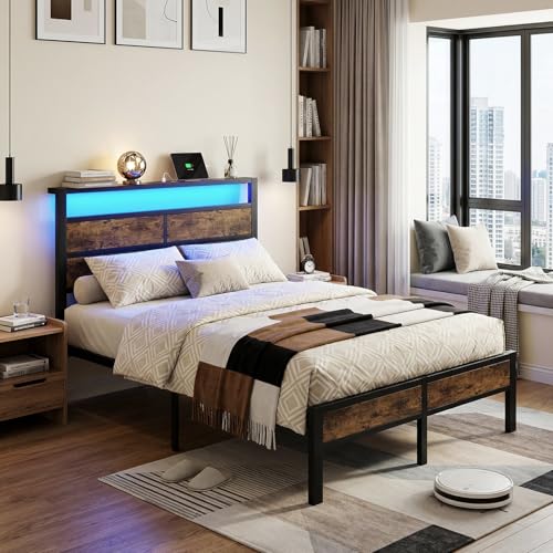 Image of Full Size Metal Bed Frame with Storage Headboard, LED Lights