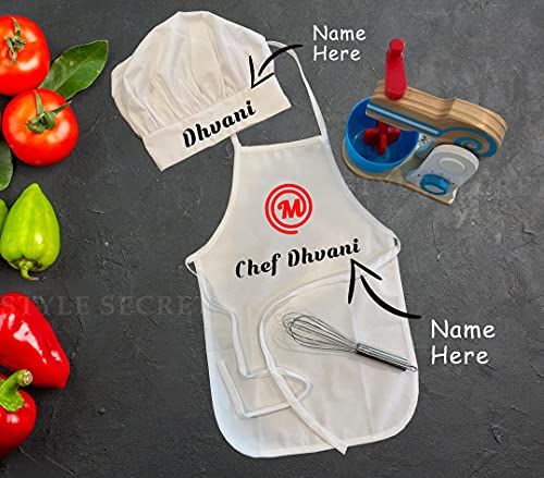 Image of Baby's Polycotton Customizable Name for Photo Shoots, Fun, Activity Etc. Chef Apron and Chef Cap Set (White, 3-24 Months)