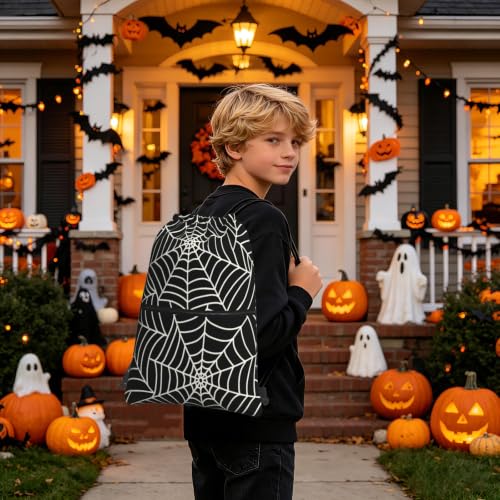 Image of Black Spider Web Halloween Drawstring Backpack, Gothic Black White Drawstring Bag, Waterproof Durable String Sackpack, Large Capacity Cinch Sackpack for Yoga Sport Beach Gym Shopping