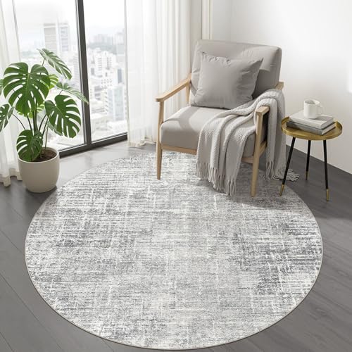 5ft Round Rug Living Room: 5x5 Washable Large Neutral Grey Circle...