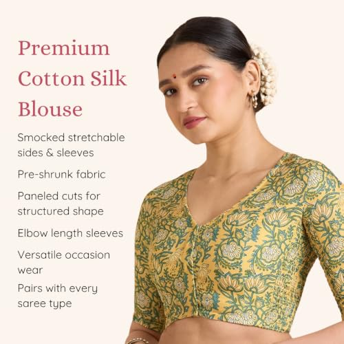 Image of Studio Shringaar Women's Yellow Cotton Printed Side Stretch (Smocked) Readymade Saree Blouse