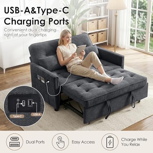Image of Dreamzie 55'' 3 in 1 Convertible Sofa Bed with USB Charging Ports, Pull Out Couch with Adjustable Backrest and Side Pockets, Sleeper Sofa for Living Room, Apartment, RV, Easy Assembly - Dark Grey