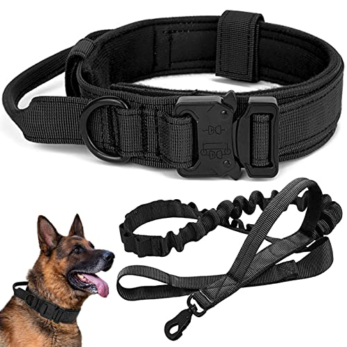 Collare tattico per cani con guinzaglio elastico per cani, regolabile, con maniglia di controllo e fibbia in metallo pesante, collare in nylon militare, per cani di taglia media e grande (XL, P3-Nero)
