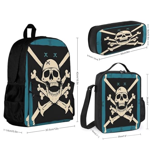 3-in-1 Backpack Combination Set Pirate Flag Skull Print 3Pcs Backpack Sets Travel Daypack with Lunch Bag And Cosmetic Bag2