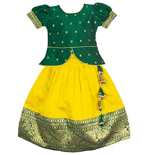 Image of Girls' Readymade Green and Yellow Woven Lehenga Choli Set(Green)