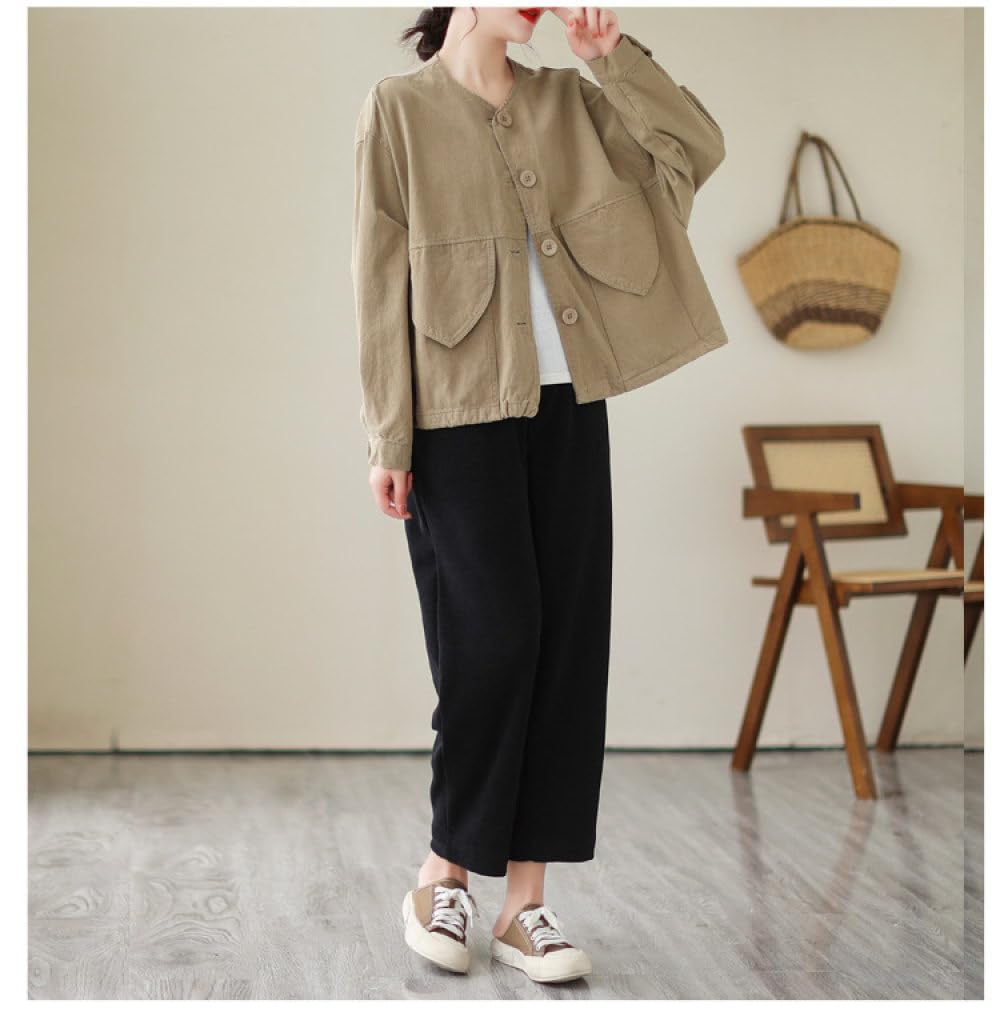 Leichte Damenjacke Aus Baumwolle Mit Rundhalsausschnitt,Strickjacke Mit Retro Kahki Knöpfen,Übergangsjacke,Mantel,Frühling Und Herbst,Lässige,Lockere Utility Jacke Mit Tasche