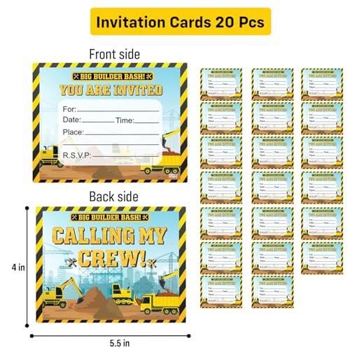 Image of Party Propz Construction Theme Birthday Invitation Cards - 20 Pcs, Big Builder Bash Kids Invitation Card For Birthday, Double-Sided Construction Theme Cards for Boys (Cardstock)