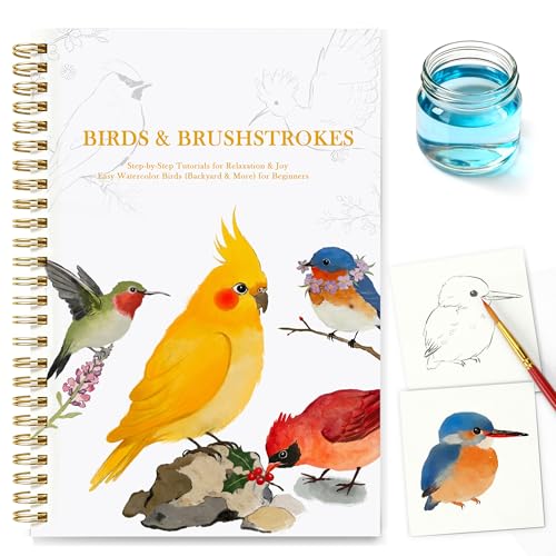 Creazic Watercolor Workbook for Adult Beginners Pre-Sketched Bird Watercolor Coloring Book Easy Step-by-Step Watercolor Tutorial on 140lb Paper Spiral-Bound for Relaxation & Creative Art Practice