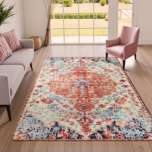 Lahome-Bohemian-Floral-Medallion-Area-Rug-4x6-Oriental-Distressed-Bedroom-Rug-Country-Vintage-Faux-Wool-Indoor-Throw-Mat-Non-Slip-Washable-Low-Pile-Carpet-for-Bathroom-Living-Kitchen-Laundry-Room Lahome Bohemian Floral Medallion Area Rug 4×6 Oriental Distressed Bedroom Rug Country Vintage Faux Wool Indoor Throw Mat Non Slip Washable Low Pile Carpet for Bathroom Living Kitchen Laundry Room