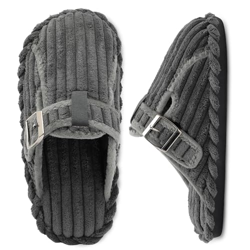 XIHALOOK Womens Adjustable Slippers Soft Wide House Shoes Memory Foam Slippers Slip On Clog Dark Grey, 8-9 Women