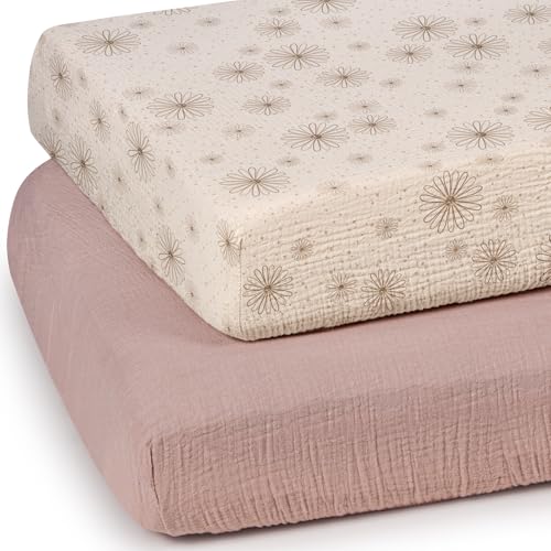 Image of lulumoon Mini Crib Sheets Muslin: Soft Cotton Fitted Mini Crib Mattress Sheets for Boys and Girls 2Pack