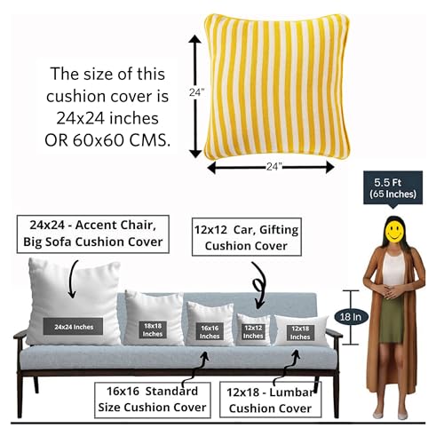 Image of Reversible 24x24 Inch Reversible Pack of 2 Yellow Stripe Cotton Woven Throw Pillow Covers for Couch Sofa Bed Home Decoration Restaurant | 60 x 60 cm