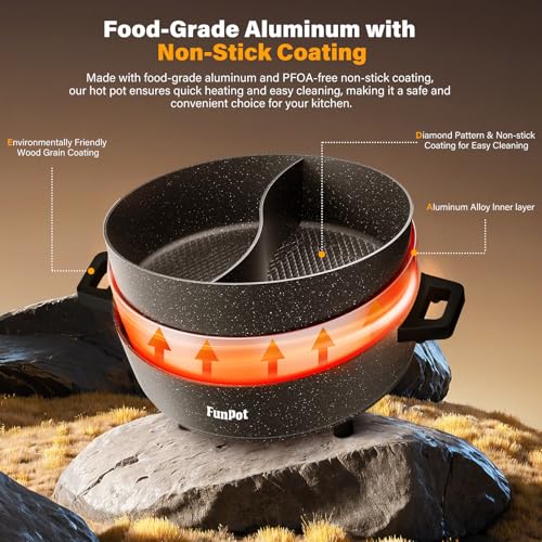 6L Electric Hot Pot with S-Shape Dual-Divider, Smart Temperature Control, 5 Heat Settings, 1350W Fast Boiling, Diamond Nonstick Pot (Black Hollow Handles) - Image 4