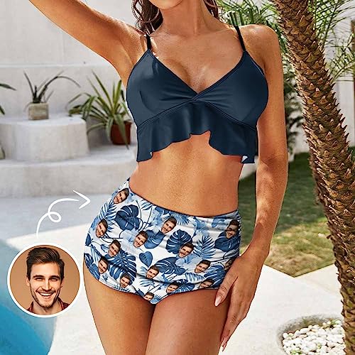 Personalized Face Couple Matching Swimsuit Swimtrunk Custom Women Ruffle Hem Bikini Men Swim Shorts Beach Gift for Men Women2