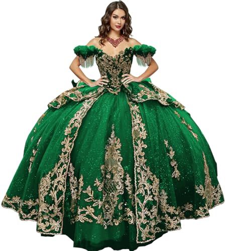 Gold Appliques Quinceanera Dresses with Train Off Shoulder Puffy Ball Gown Gorgeous XV Dress SE039