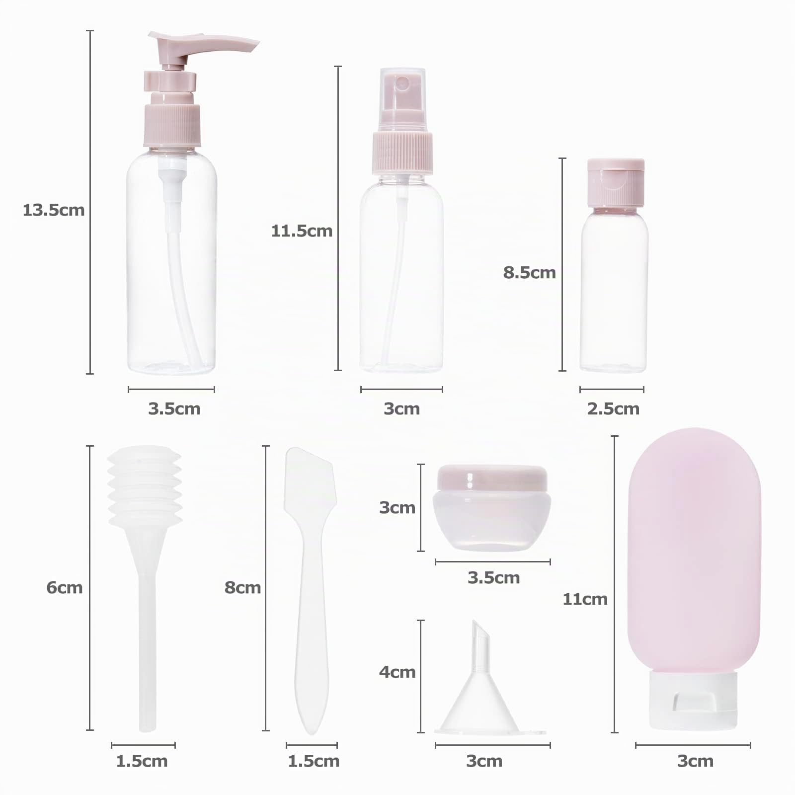 Carehabi Set di 11 kit viaggio liquidi, contenitori viaggio aereo 30/50/60/80 ml, piccole lattine di crema, flacone spray trasparente, erogatore di pompa shampoo, accessori viaggio per prodotti bagno