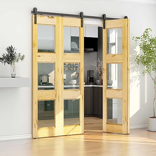 Kit de riel deslizante para puerta corredera tipo granero de 8 pies / 96 pulgadas con doble plegado para 4 puertas, kit de herrajes para puertas de granero de alta resistencia, rodillos en forma de I silenciosos y suaves (sin puertas)