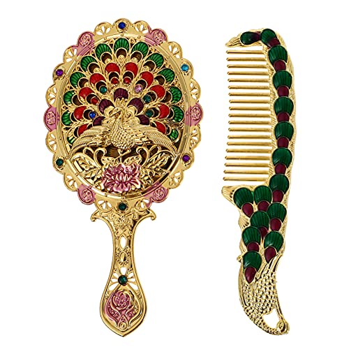 Frcolor Vintage Mirror Comb Set Golden Antique Handheld Mirror Peacock Oval Mirror With Hair Comb Women Cosmetic Vanity Mirror Travel Hair Brush Comb (Random Style) #TOP16