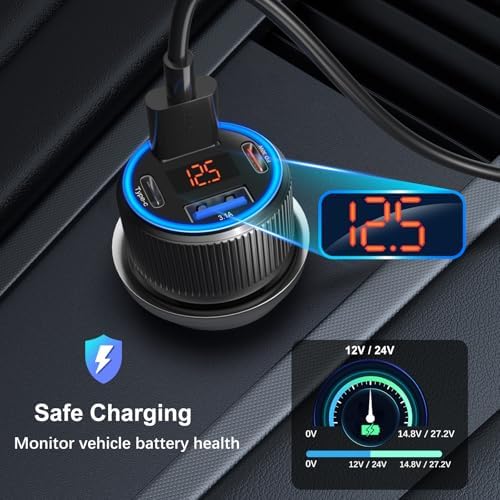 USB C Car Charger, Costyle 65W Dual USB-C & USB-A Multi Port Cigarette Lighter Adapter with Voltmeter QC/PD 3.0 Fast Charging 12V Car Phone Charger for iPhone 17 16 15 14 13 12 Pro Max Samsung(Black) - 3