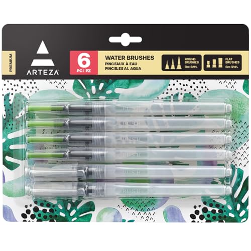 ARTEZA Water Brush Pen, 6-Piece Set, Fine, Medium & Broad Tips, Refillable Self-Moistening Brushes for Painting & Lettering