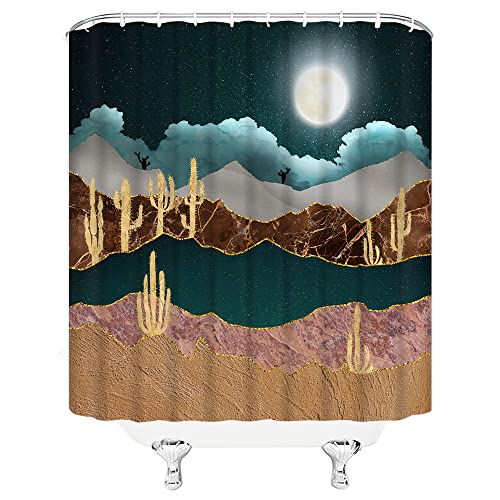 Abstract Mountain Shower Curtain Starry Sky Night Moon Stars Watercolor Nature Landscape Succulent Cactus Desert Modern Art Polyester Curtains Bathroom Decor With Hooks 70Wx70H Inch #TOP1