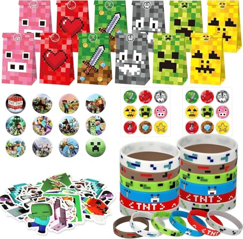 Fhintory Miner - Set di 86 accessori per feste di compleanno per bambini, con sacchetti per feste, in silicone, per bambini