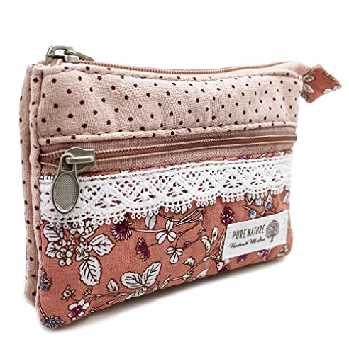 Women Small Zipper Coin Purse, Handmade Fabric Flower Embroidered Change Pouch, Cotton Double Zipper Wallet2