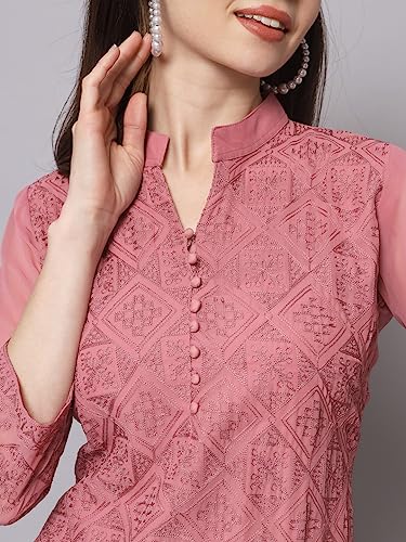 Image of Ekasya Women's Georgette Embroidered Work Kurta with Notch Neck 3 /4 Sleeves Straight Cut Calf Length | E1547