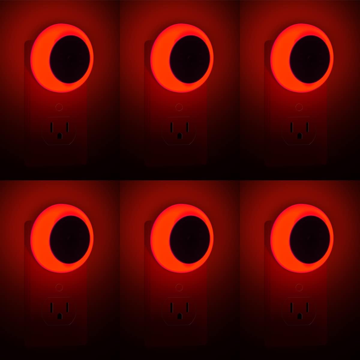 KINUR 6 Pack Red LED Plug into Wall with Dusk to Dawn sensors Plug in Night Lights for Kids Room, Bedroom, Bathroom, Baby Nursery,Stair Lights, Hallway Light