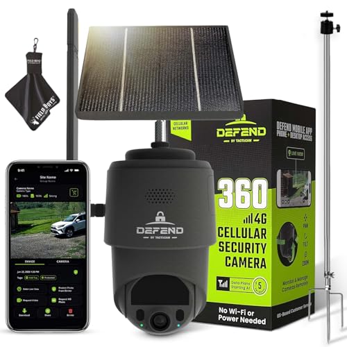 TACTACAM Defend 360 Cellular Security Camera 4K Photos 1080p Video Solar + Rechargeable Battery 360 Pan/Tilt/Zoom LTE Cellular Motion Alerts Weather Resistant Includes Mounting Post & Cloth